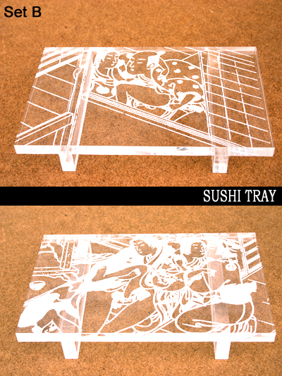 Japanese Antique Erotic Woodblock Print Sushi Tray Set B 
